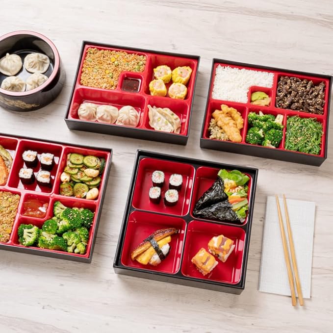 Restaurantware-10 x 2.4 Inch Compartment Lunch Container, 1 Japanese Style Adult Lunch Container - With 4 Compartments, Greaseproof, Black & Red Plastic Divided Lunch Box, For Hot & Cold Food