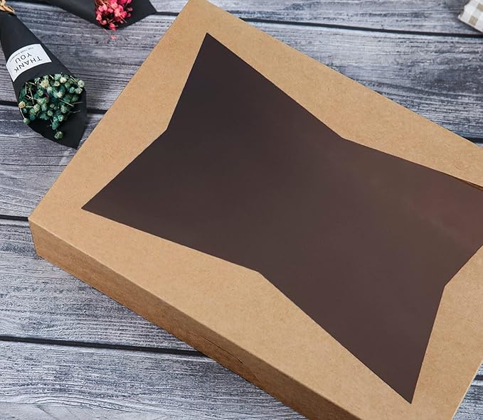 8-PACK Brown Pastry Bakery Box 16x11x2.75inch,Large Donuts,Muffins,Cookies Boxes with Window Auto-Pop up Paper Box Nature Cardboard Take Out Container,Hold 12 Donuts,Pack of 8