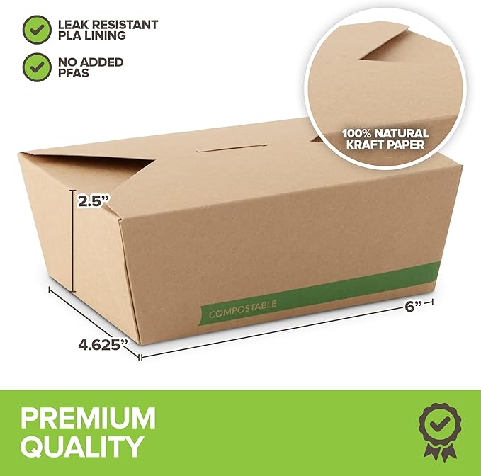 (Set of 50) 45oz Food Compostable Take Out Containers Disposable, Medium Microwaveable Paper To Go Boxes, Grease Resistant Natural Kraft Cardboard Lunch Box, Takeout, Biodegradable, Eco-Friendly