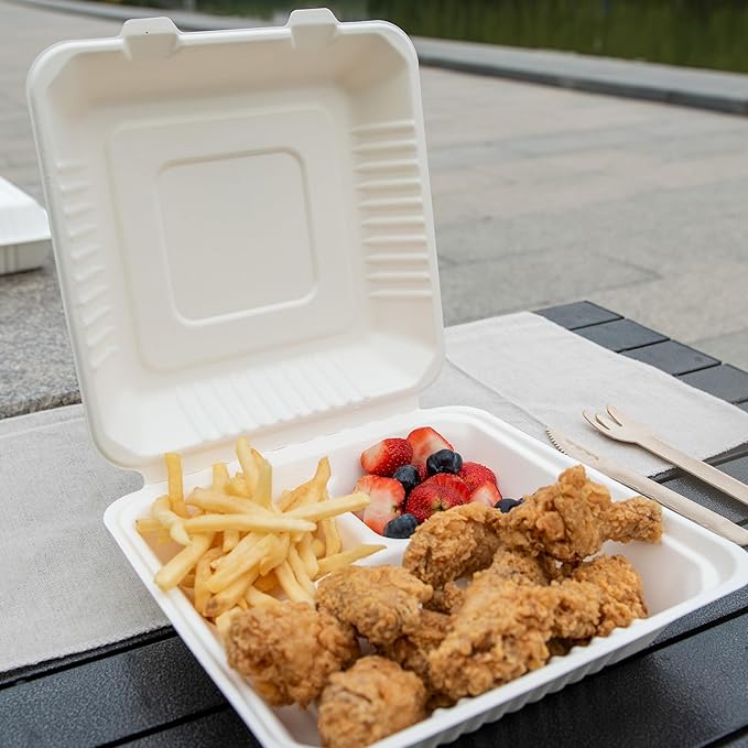 togo Containers Disposable - 50 Pcs 8" x 8" clamshell Take Out Food Containers 100% Compostable, White Biodegradable Meal Prep Box, To Go Containers with Lids for Food (1-Compartment)