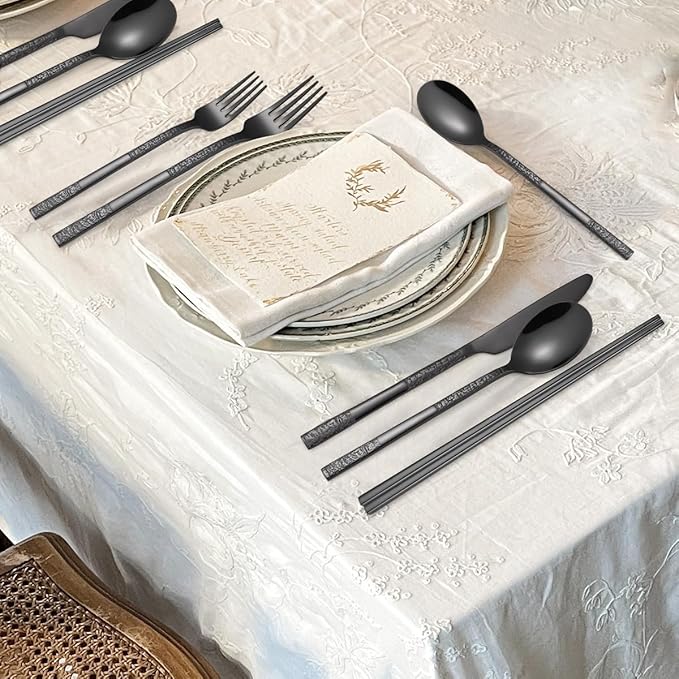 MURRI&MURRDI 8 Pieces Portable Reusable Cutlery Set,Travel Utensils Set with Case, Stainless Steel Flatware Set Including Knife Fork Spoon Chopsticks Straws Brush,Dishwasher Safe (C Black)
