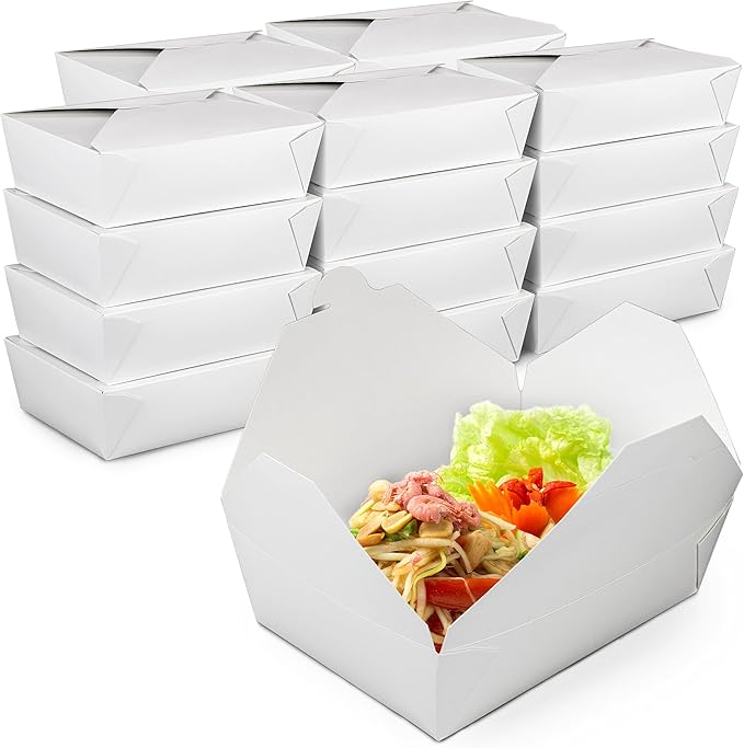Fit Meal Prep 200 Pack 76 oz Paper Take Out Containers 8.6 x 6.3 x 2.5 - White Lunch Meal Food Boxes #3, Disposable Storage To Go Packaging, Microwave Safe, Leak Grease Resistant for Restaurant