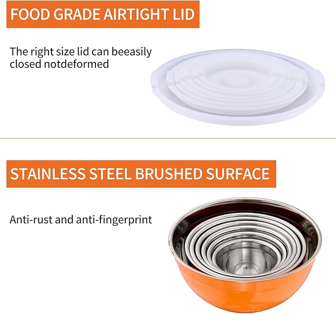 Orange Mixing Bowls With Airtight Lids,Stainless Steel Bowl,Salad Bowls 7 Piece Colorful Nesting Bowl Rainbow Kitchen Accessories,Size 7,3.6,2.7,2.1,1.5,1.1,0.8QT Stackable Design