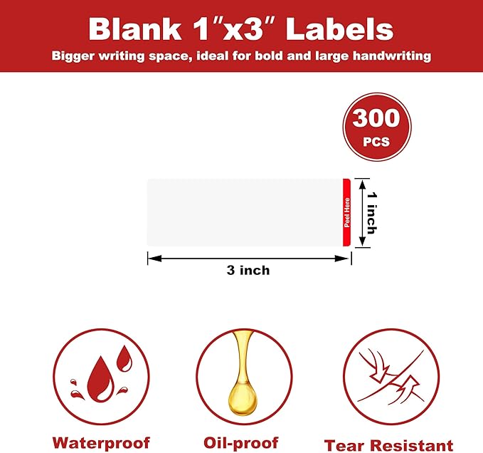 NATURALABEL 300 PCS Blank Removable Freezer Labels with Dispenser - 1" x 3" Food Labels for Meal Prep Containers & Pantry Organizers, Easy Peel-Off Design, No Residue