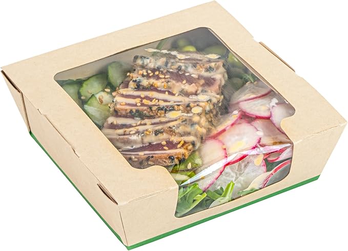 Restaurantware-Sustain 26 Ounce Sturdy Paper Take Out Boxes, 50 Disposable Take Out Food Containers - With PLA lining, Clear PLA Window, Bamboo Paper Containers, Compostable, Tab-Lock Design