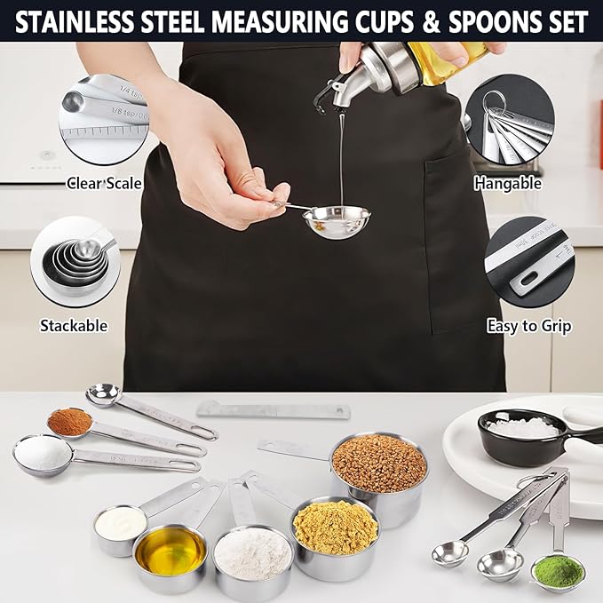 20Pcs Mixing Bowl Set,Stainless Steel Mixing Bowls,Large Nesting Bowls 4.1/3.2/2.4/2.1/1.4QT with Measuring Cups and Spoons Set,Fine Mesh Strainer,Jar Spatula,Brush for Baking Utensils Metal Bowl