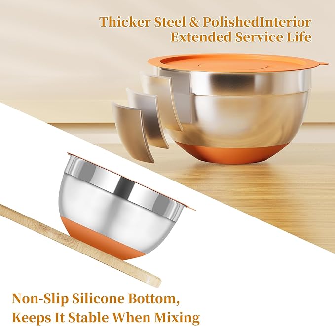 Mixing Bowls with Lids Set, 6 Piece Stainless Steel Nesting Storage Bowls for Kitchen, with 3 Grater Attachments & Non-Slip Bottoms, Size 5.5,3.5,2.5,2.1,1.5,1.1 QT