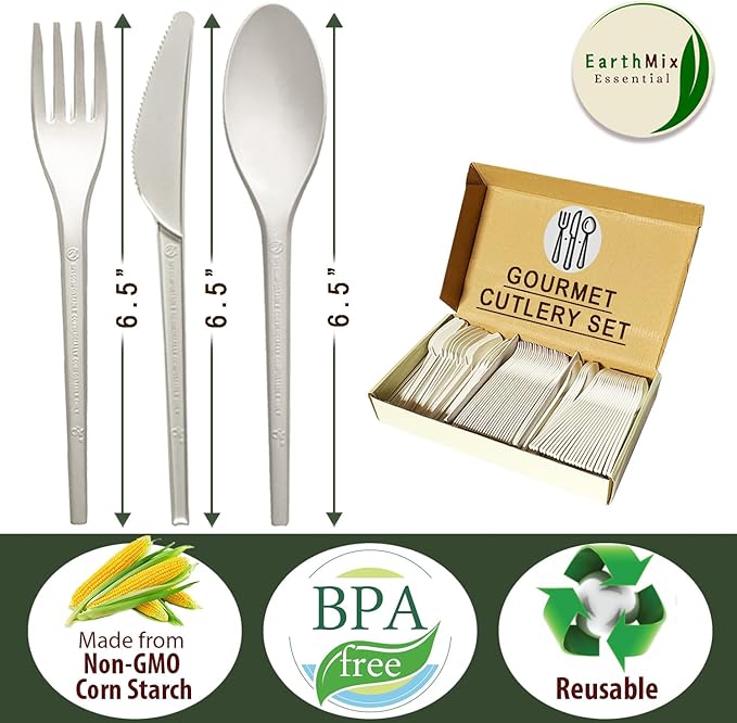 150PCS Compostable Cutlery Set – Eco-Friendly, Heavy-Duty Utensils (50 Forks, 50 Spoons, 50 Knives) – Biodegradable utensils set, Disposable Silverware for Parties, BBQs, Picnics & Daily Use