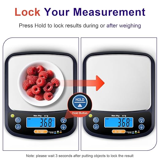 THINKSCALE Digital Food Scale 8000g/1g Precise,% Mode & Removable Stainless Steel Platform, 6 Units, Tare, PCS Counting, IPX6 Waterproof for Baking, Coffee, Keto, Meal Prep, Batteries & AC/DC Adapter