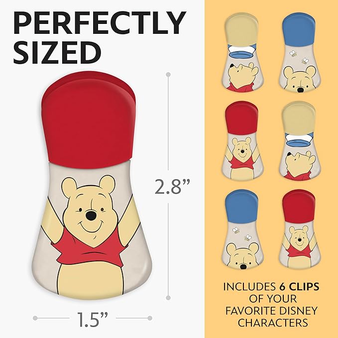 Disney Magnetic Chip Clips – Set of 6 Bag Clips for Food Storage - Mickey, Minnie, Lilo & Stitch, Winnie The Pooh – Durable Airtight Bag Chip Clips for Pantry & Fridge Use