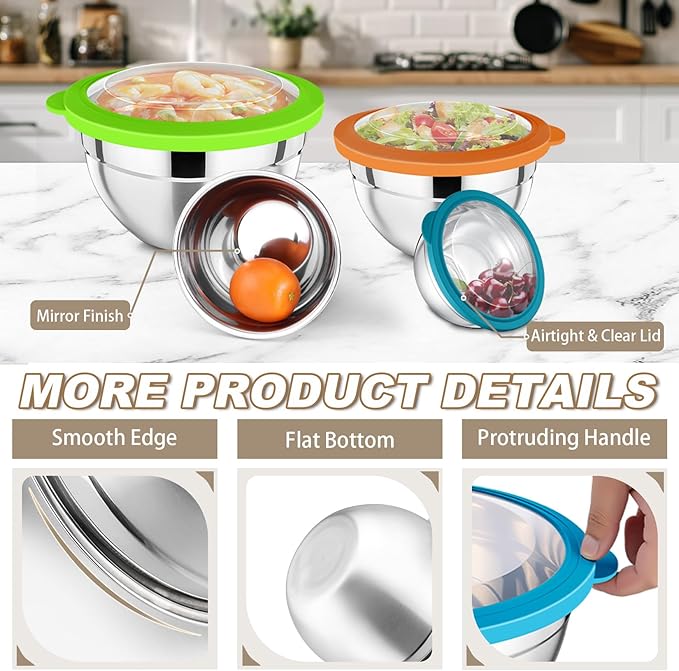 P&P CHEF Mixing Bowl with Lid Set, Stainless Steel Nesting Salad Bowls for Cooking Serving Prepping, Clear Lids & Stackable Design, Size 4.6, 3.5, 3, 2, 1.5, 1, 0.7 Qt - Multicolor, Set of 7