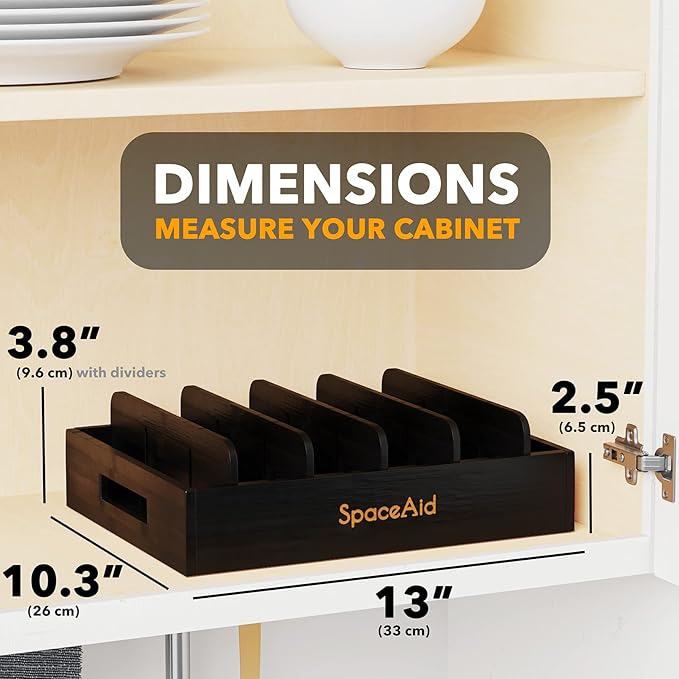 SpaceAid Bamboo Lid Organizer, Kitchen Pantry Lids Holder with 5 Adjustable Dividers for Cabinets, Food Storage Container Organizers, Black