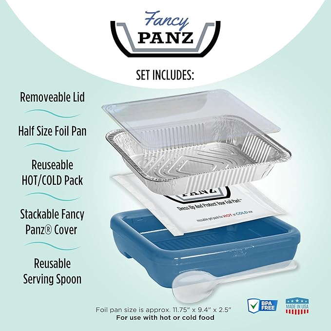 Fancy Panz Premium, Serving Tray for Food, Made in The USA Foil Pan Carrier, Stackable Aluminum Pan Holders, Travel Casserole Carrier, Blue Marble