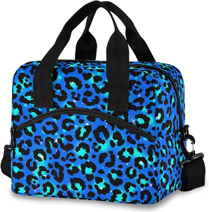 MNSRUU Insulated Lunch Bag - Blue Green Leopard Lunch Box Cooler Bag with Adjustable Shoulder Strap for Work School