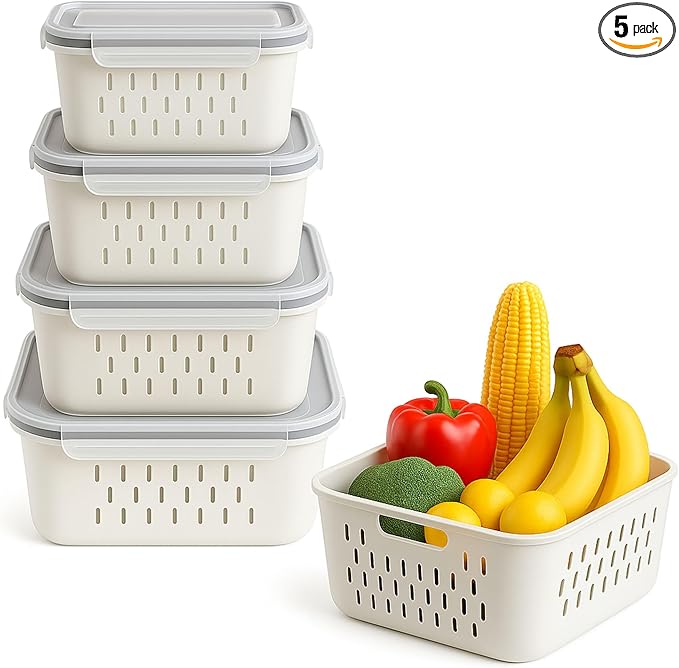 4 PCS Fruit Storage Containers for Fridge with Colanders Dishwasher Safe, Leakproof Fruit and Vegetable Storage BPA-Free Plastic, Produce Storage Keep Berry Fruit Veggie Meat Fresh