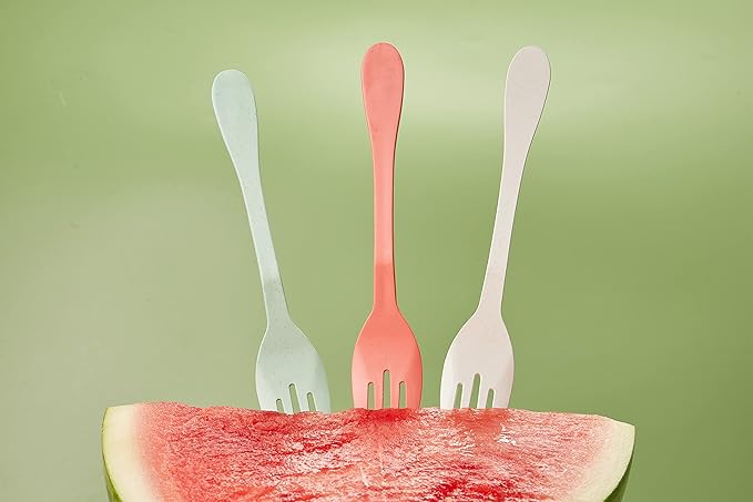 KNORK Eco Plant Based Cutlery Bamboo Reusable Flatware Set, 24 Piece (12 Eco Forks, 12 Eco Spoons), Multi - Mint, Coral, White