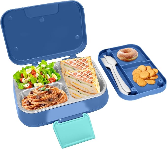 Stainless Steel Lunch Box Leakproof 1000ml Bento Box with 3-Compartment Removable Tray, Eco-Friendly Food Container for Kids & Adults, Office, Travel, BPA Free (Blue)
