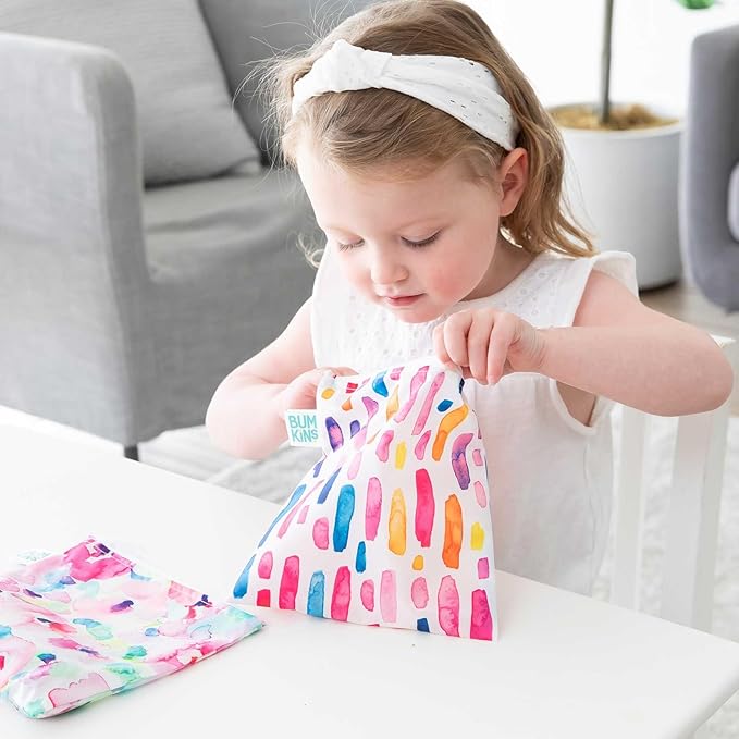 Bumkins Reusable Sandwich and Snack Bags, for Kids School Lunch and for Adults Portion, Washable Fabric, Waterproof Cloth Zip Bag, Travel Pouch, Food-Safe, Large 4-pack Watercolors and Brushstrokes