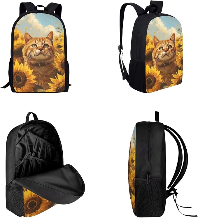 Dolyues Sunflower Cat Girls' Backpack Set 17-Inch Bookbag, Matching Lunch Tote & Sparkling Pencil Pouch Functional & Elegant for School or Travel