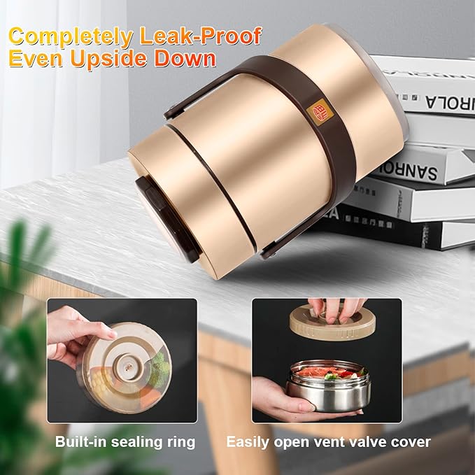 67 oz Adults Stainless Steel Vacuum Insulated Wide Mouth Soup Food Thermos Hot Food Jar with Keep Thermal Portable 3 Tier Stackable Bento Hot Food Containers Lunch Boxes (67 oz Gold)