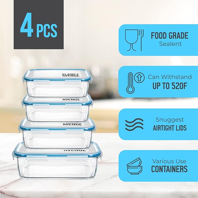 PLANET AVENUE 4-Pc Glass Food Storage Containers Set with Plastic Lids, Airtight, Meal Prep Containers with Leak-Proof Locking Lids, Safe for Microwave, Own Freezer, and Dishwasher, BPA-Free