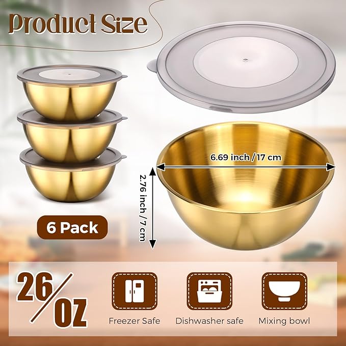 Nuogo 6 Pcs Gold Stainless Steel Mixing Bowl with Airtight Lids 6.7 inch Gold Esthetician Bowls for Easter Ramadan Serving Facial Salad Fruit Snack Soup Cereal Wedding Party
