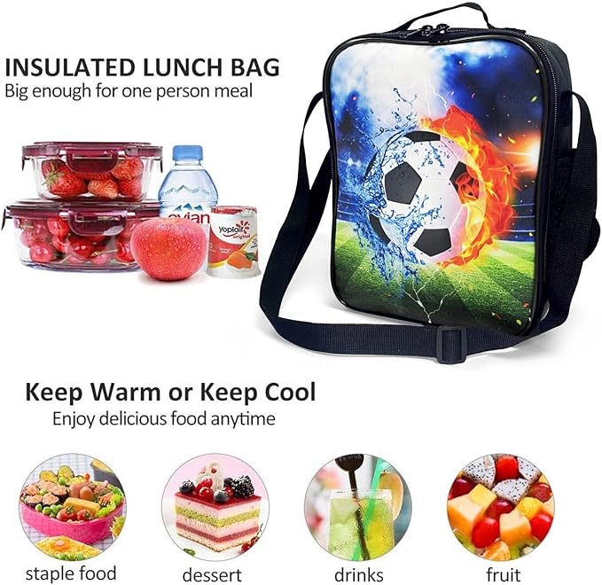 Insulated Lunch Bag for Girls&Boys, Kids Lunch Box, Soccer Lunch Bag with Shoulder Strap, School Bento Lunch Box for Kids Toddlers Teens, Black White Football Reusable Cooler Thermal Meal Tote Kit