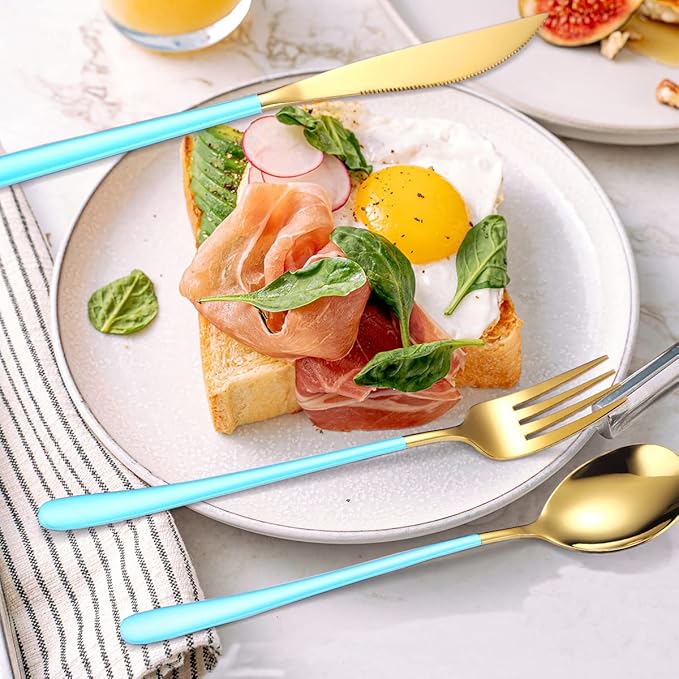 AARAINBOW 6 Pieces 18/8 Stainless Steel Flatware Set Portable Reusable Cutlery Set Travel Utensils Set Including Chopsticks Knife Fork Spoon Straws Cleaning Brush Dishwasher Safe (Light Blue Golden)