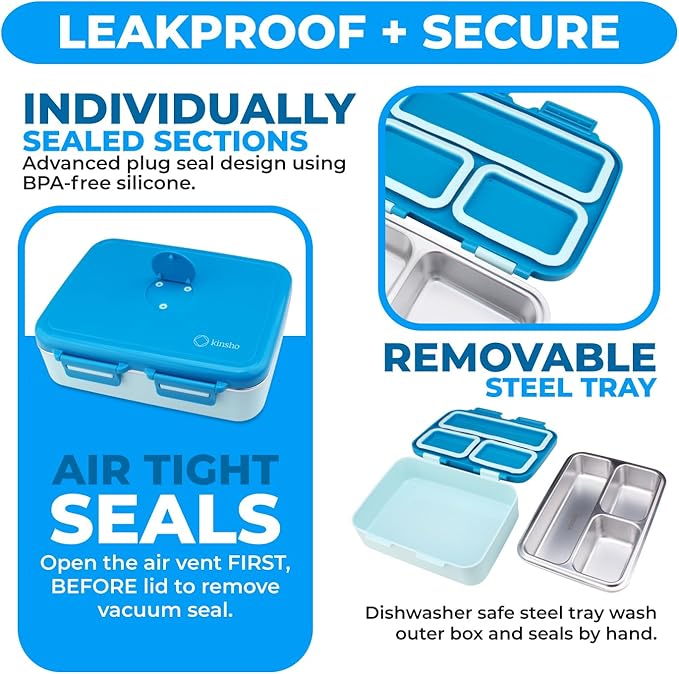 kinsho Stainless Steel Bento Box Lunch Container for Kids Adults with Removable Tray, Leakproof Silicone Seals, BPA Free 26 oz/790 mL (Blue)