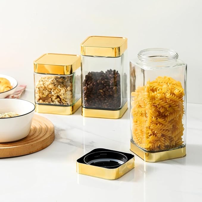 Glass Storage Jars-Large Kitchen Glass Canisters with Airtight Lids -Coffee Pasta Sugar Tea Snack Nuts Cookie Flour Food Container - Set of 3…