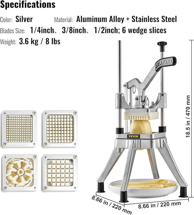 VEVOR Commercial Vegetable Chopper w/ 4 Replacement Blades, Stainless Steel French Fry Cutter Potato Dicer & Fruit Slicer for Restaurants & Home Kitchen