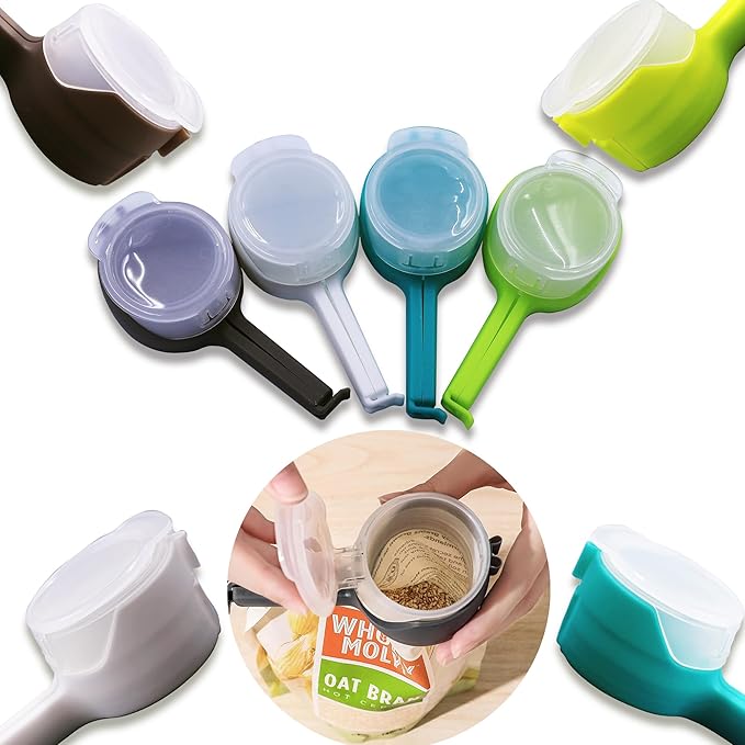 Bag Clips with Pour Spout, Plastic Food Storage Clip, Sealing and Pour Bag Clips for Snack Storage Organization - 4 Packs (Mixed Color)