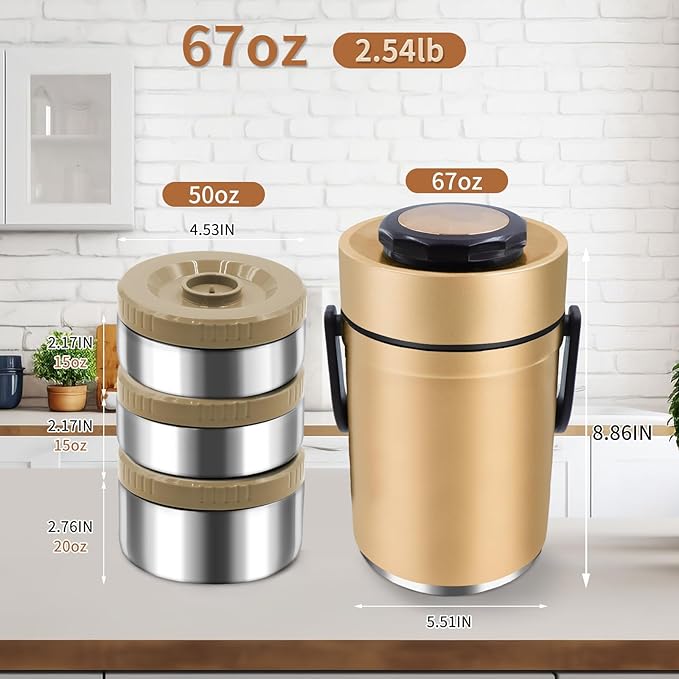 67oz Thermos for Hot Food, 3 Layered Stackable Insulated Lunch Box, Soup Thermos Jar Comes with an insulated bag, suitable for office lunches and outdoor dining, among other uses (Gold)