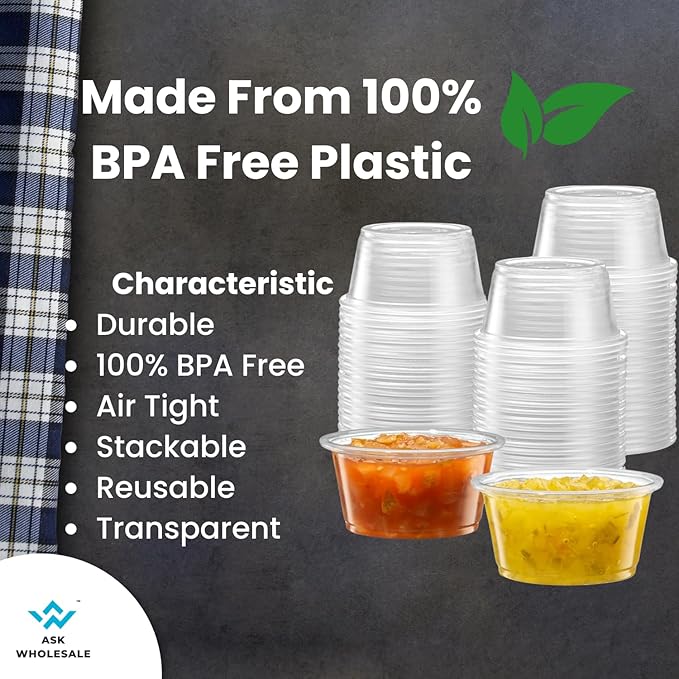 ASK WHOLESALE 2 oz Clear Disposable Plastic Portion Cups with Lids | Pack of 1000 Cups & 1000 Lids | Crystal Clear Design for Easy Identification - Convenient for Parties, Events, & On-the-Go Snacking