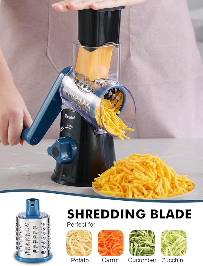 Geedel Rotary Cheese Grater, Kitchen Mandoline Vegetable Slicer with 3 Interchangeable Blades, Easy to Clean Rotary Grater Slicer for Fruit, Vegetables, Nuts, Black