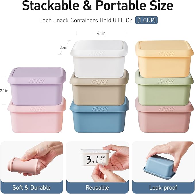 ISSEVE 8oz Silicone Snack Containers for Kids, 1 Cup Reusable Small Containers with Lids, Leak Proof Silicone Food Storage Containers, Kids Lunch Box for Daycare, School, Travel (8)