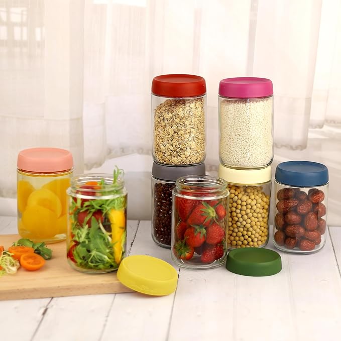 18 OZ Glass Food Jar Storage Containers with Airtight Lids, Reusable Wide Mouth Overnight Oats Glass Mason Jars for Snacks Yogurt Pudding(Multicolor 8pack)