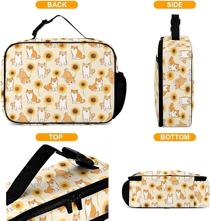 Dog and Sunflower Reusable Lunch Box Insulated Lunch Bag Cooler Bag Lunchbox Meal Food Container Tote Bag for Women Kids Girls School Camping Hiking Picnic Beach Travel