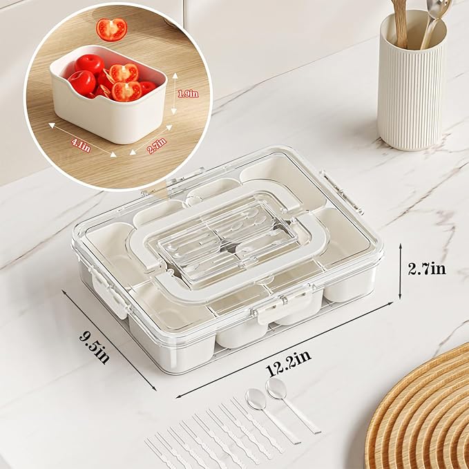Divided Serving Tray with Lid and Handle Charcuterie Container Snackle Box Portable Storage Organizer Platter with Forks and Spoons for Fruit, Snacks, Veggie, Nuts, Perfect for Party, Picnic(1 Pack)