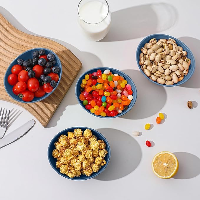 Small Dessert Bowl 5 Inch - 10 OZ Wheat Straw Bowl Unbreakable Plastic Bowls Reusable Lightweight Snack Bowls for Outdoor Microwave and Dishwasher Safe - Blue