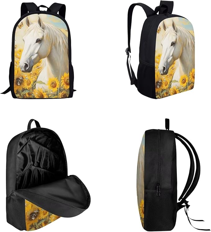 Dolyues Sunflower Horse Girls Backpack Combo: 17 Inch Lightweight Backpack, Eco-Friendly Lunch Bag & Organizer Pencil Case - Ages 5-10