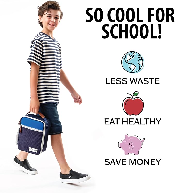 Fit & Fresh Insulated Lunch Box for Kids, Blue, Polyester, 10" x 8.25" x 4", with Side Pocket and Front Zip