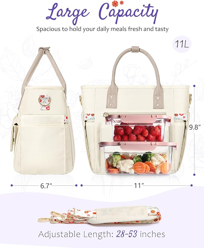Deluxe Large Insulated Lunch Bag Box Women - Leakproof Waterproof Cooler with Multi Pockets Removable Strap for Work Picnic - Teacher Mothers Day Christmas Birthday Gifts