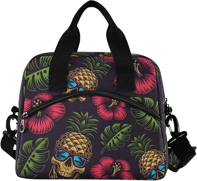 Hawaiian Pineapple Skull Insulated Lunch Bag Reusable Lunch Tote Bag Cooler Bag for Women Men Adult Lunch Box with Adjustable Shoulder Strap Leakproof Lunch Bag for Work School Picnic Camping