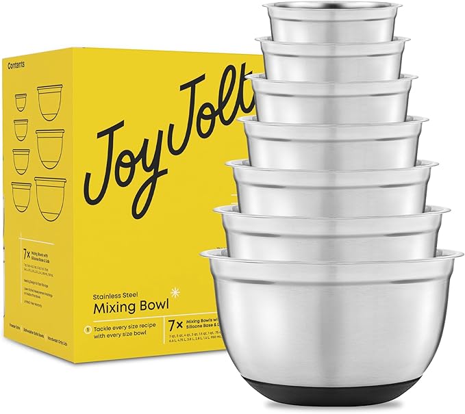 JoyJolt Stainless Steel Mixing Bowls with Airtight Lids, 7 Piece Nesting Bowls Set for Kitchen with Measurement Marks, Non-Slip Bottoms, Cooking, Baking, Prepping, Storage, 7/5/4/3/1.5/1/.75QT, Black