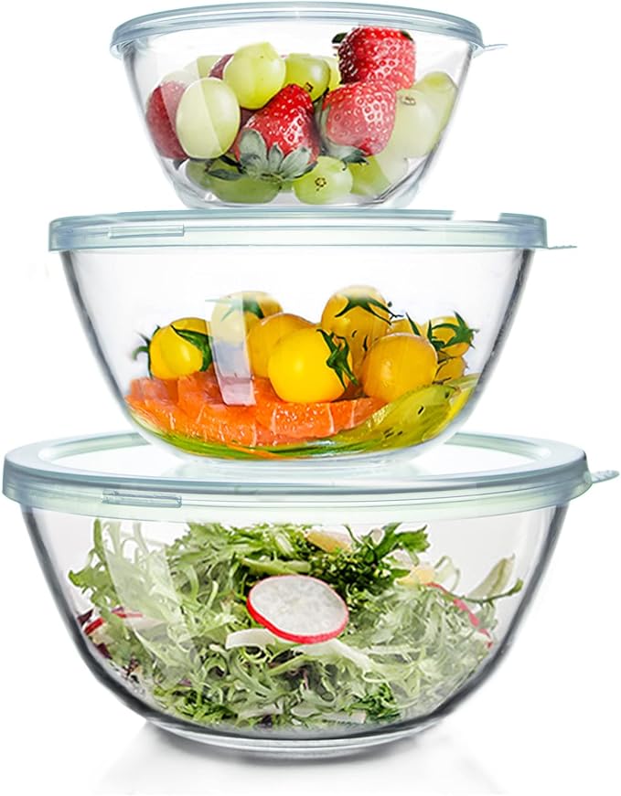 Glass Mixing Bowls with Lids Set of 3(4.5QT,2.7QT, 1.1QT, Large Kitchen Salad Bowls, Space-Saving Nesting Bowls, Round Glass Serving Bowls for Cooking,Baking,Prepping,Dishwasher Safe