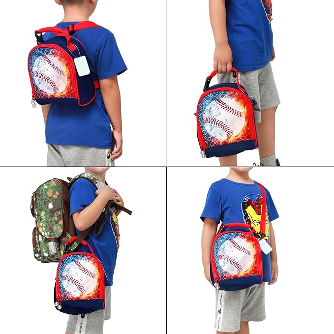 Boys Insulated Lunch Box, Baseball Theme, Polyester Material, 7.5in x 4.3in x 9.8in
