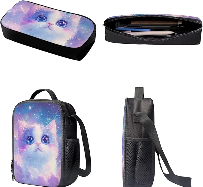 Dolyues Galaxy Cat Backpack Set for School 17-Inch School Backpack, Insulated Lunch Bag & Pencil Case - Adorable 3-Piece Combo for Elementary Students