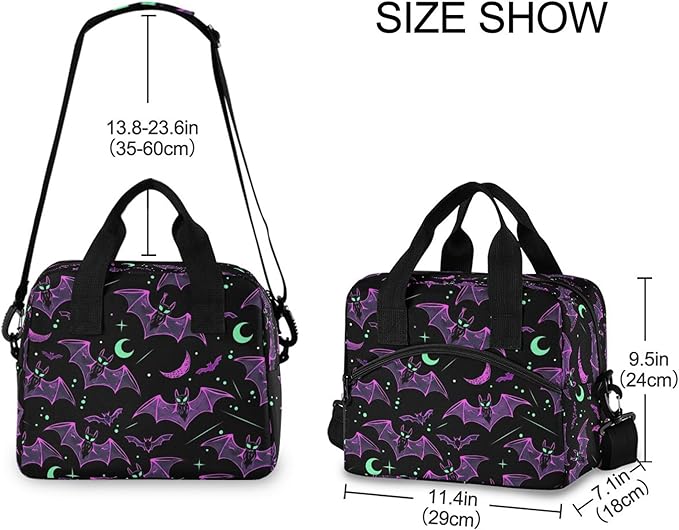 MNSRUU Insulated Lunch Bag Neon Purple and Bats Stars and Moons Women Men Fabric Dinner Tote Cooler Bag Reusable Leakproof Lunch Box with Adjustable Shoulder Handles Strap For Work School