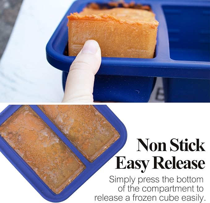 2 Cup Silicone Freezer Tray with Lid - 1 Pack - Make 2 Perfect 2-Cup Portions - Easy Release Molds for Food Storage & Freeze Soup, Broth, Stew or Sauce